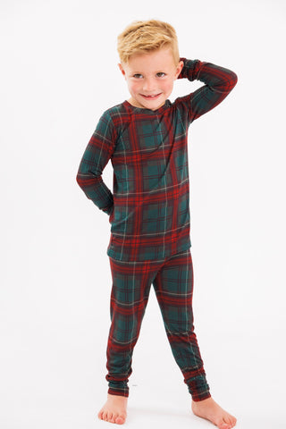 In My Jammers holiday heritage plaid two-piece pajama set with long-sleeve top and matching pants on a model.
