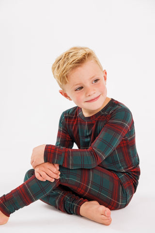 In My Jammers holiday heritage plaid two-piece pajama set with a festive pattern, featuring a long-sleeve top and matching pants.