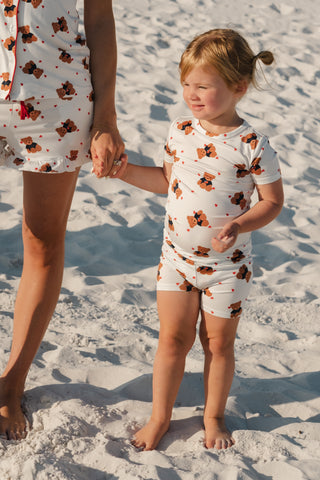In My Jammers star-spangled teddy two-piece pajama set with patriotic print, featuring a comfortable top and matching shorts.