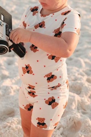 In My Jammers star-spangled teddy pajama set featuring a two-piece design with patriotic star print and cozy fabric.