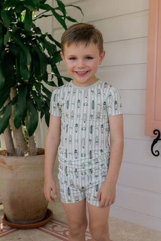 In My Jammers green two-piece short set pajamas with surf-inspired design, perfect for comfortable sleepwear or lounging.