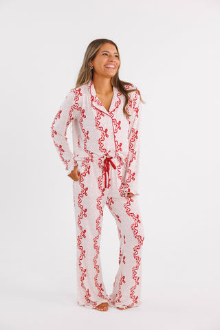 In My Jammers women's long sleeve ruffle pajama set with vintage bows and blossom print, featuring a button-up design.