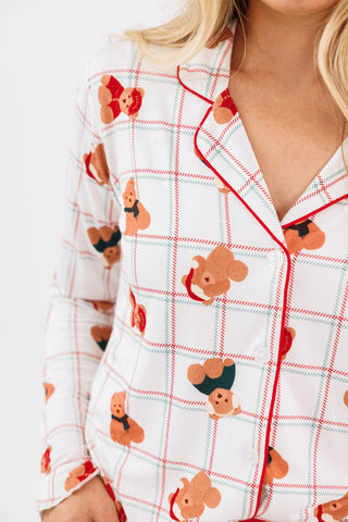 Women's long sleeve ruffle Christmas bear pajamas set by In My Jammers, cozy holiday sleepwear with festive bear print.