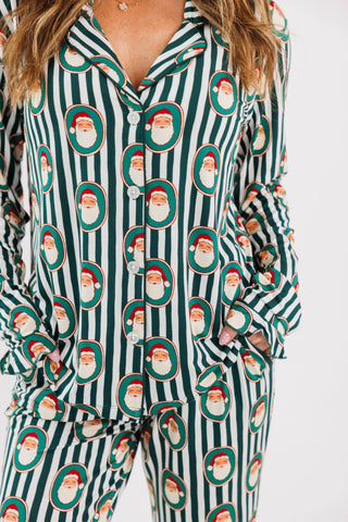 Women's long sleeve ruffle pajamas set by In My Jammers in festive green Santa Claus Lane design.