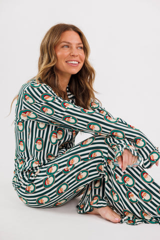 In My Jammers women's long sleeve ruffle pajama set in green Santa Claus Lane print, featuring cozy, stylish design.