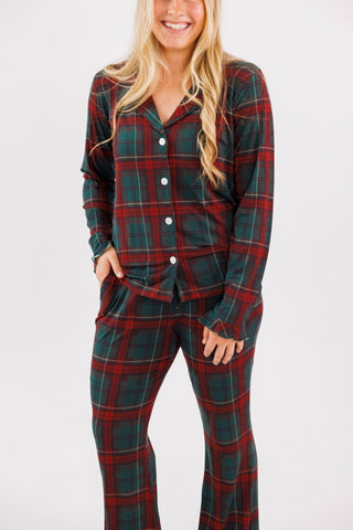 Women's long sleeve ruffle pajama set by In My Jammers in holiday heritage plaid fabric, perfect for cozy winter nights.