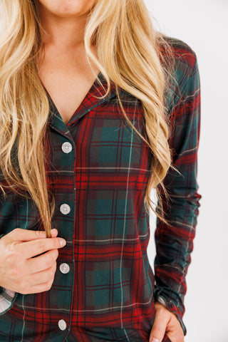 In My Jammers women's long sleeve ruffle pajama set in holiday heritage plaid fabric, featuring a cozy, festive design.