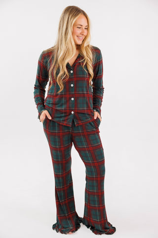 In My Jammers women's long sleeve ruffle pajama set in holiday heritage plaid fabric, featuring ruffled cuffs and cozy fit.
