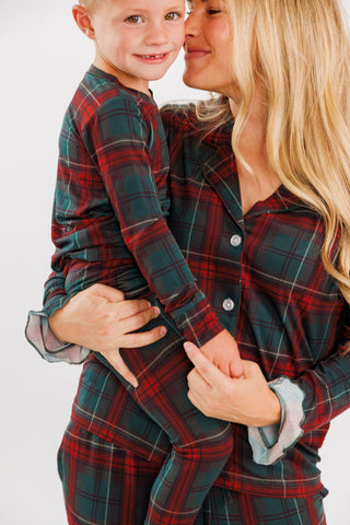 Women's long sleeve ruffle pajama set by In My Jammers in holiday heritage plaid fabric, featuring a cozy, stylish design.