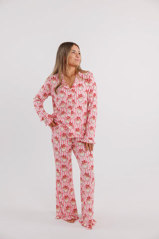 In My Jammers women's long sleeve ruffle pajama set in pink with Santa Claus lane design, cozy and stylish sleepwear for women.
