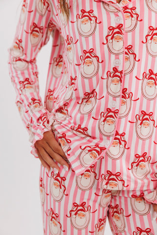 Pink Santa Claus Lane long sleeve ruffle pajamas set for women by In My Jammers, featuring cozy, stylish sleepwear.