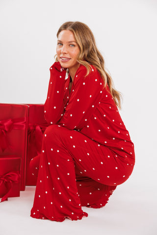 In My Jammers women's long sleeve ruffle pajama set in ruby polka dot fabric, cozy and stylish sleepwear for women.