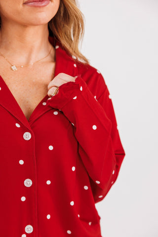 In My Jammers women's long sleeve ruffle pajamas set in ruby polka dot, featuring a comfortable, stylish pajama design.