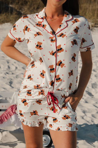 In My Jammers women's star-spangled teddy short pajama set with patriotic print, comfortable and cozy sleepwear for women.