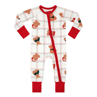 In My Jammers cozy Christmas bears zipper romper pajamas for kids, featuring festive bear print and front zipper closure.