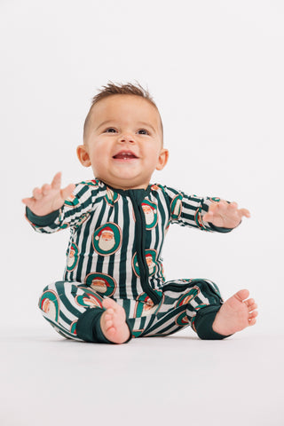 In My Jammers green Santa Claus Lane zipper romper pajamas with festive holiday print, cozy and soft for winter sleepwear.