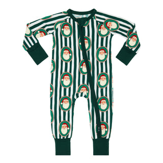 In My Jammers green Santa Claus Lane zipper romper pajamas with festive Santa stripe design, front zipper, cozy sleepwear for kids