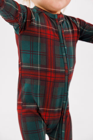 In My Jammers holiday heritage plaid zipper romper pajamas for women, featuring festive plaid design and zipper front detail.
