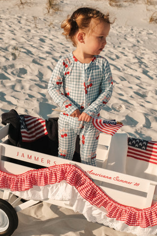 In My Jammers zipper romper pajamas for kids with a Little Cherry print, featuring a front zipper and comfortable design.