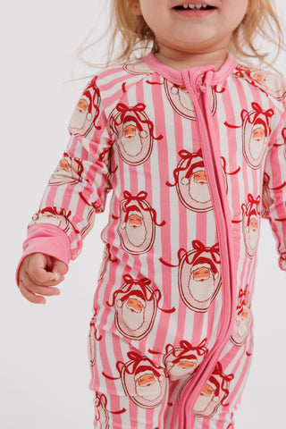 In My Jammers pink Santa Claus Lane zipper romper pajamas for women, featuring festive holiday-themed design.