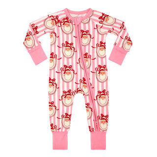In My Jammers pink Santa Claus Lane zipper romper pajamas with Santa stripe pattern, cozy and festive for holiday sleepwear.