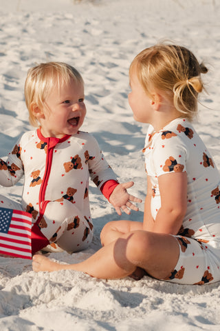 In My Jammers star-spangled zipper romper pajamas featuring a teddy bear print, casual and comfortable sleepwear for women.