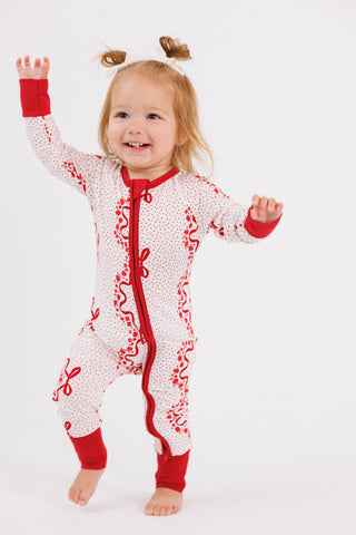 In My Jammers zipper romper pajamas with vintage bows and blossoms print, featuring a front zipper and soft fabric.