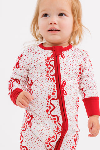 In My Jammers zipper romper pajamas with vintage bows and blossom print, featuring a front zipper and comfortable fit.