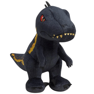 Indorapto Jurassic World Dominion 7" Plush Plush dinosaur toy with dark gray body and red eyes on a white background