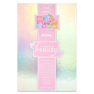 Iscream 10 Days Of Beauty Set 
A pink cosmetic gift set box with a holographic pastel iridescent background and a central pink panel reading '10 DAYS OF beauty' and 'look inside!'.