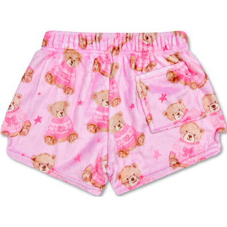 Iscream Beary Cute Plush Shorts
Pink pajama shorts with teddy bear pattern on a white background