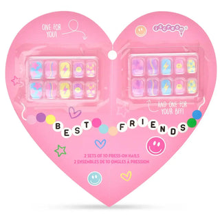 Iscream Best Friends Press On Nails
Heart-shaped packaging of press-on nails for best friends with colorful designs and text.