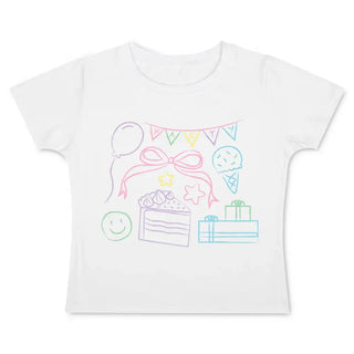 Iscream Celebrate T-Shirt
White t-shirt with colorful birthday-themed graphics on a white background