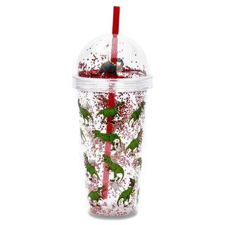 Iscream Dino Tumbler Clear tumbler with dinosaur design and red straw on a white background