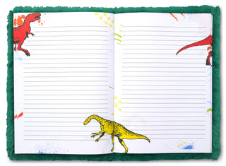 Iscream Dinosaur Glow Furry Journal
Open notebook with lined pages and dinosaur illustrations on a green border