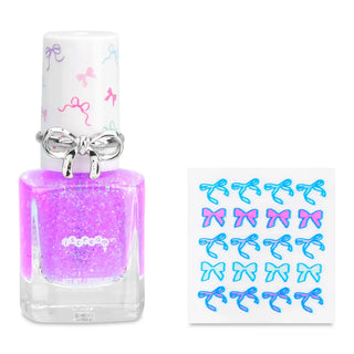 Iscream Fancy Bows Nail Polish & Ring Set
Purple nail polish bottle with decorative bows and a sheet of bow-shaped stickers on a white background