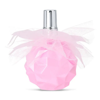 Pink perfume bottle with a silver cap on a white background