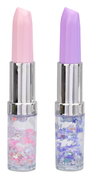 Iscream Glitter Lipstick Pen
Two lipsticks with pink and purple caps, filled with colorful confetti on a white background.