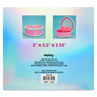 Iscream Heart Cake Jewelry Box
Back of a pink cake-shaped jewelry box with dimensions and branding information.