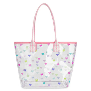 Iscream Heart Confetti Clear Tote Bag
Clear tote bag with colorful heart pattern and pink handles on a white background