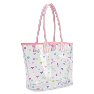 Iscream Heart Confetti Clear Tote Bag
Clear tote bag with colorful heart patterns and pink handles on a white background