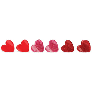 Iscream Heart Hair Clips Set
Row of red and pink glittery heart-shaped objects on a white background