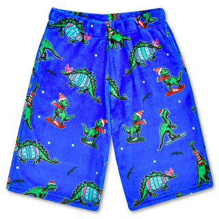 Iscream Holiday Dino Plush Board Shorts
Blue shorts with green dinosaur patterns on a white background