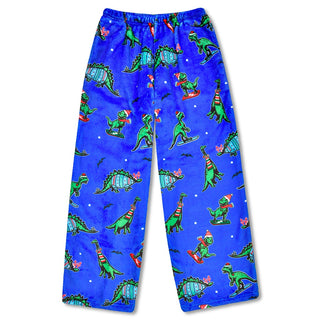 Iscream Holiday Dino Plush Pants
Blue children's pajama pants with dinosaur pattern on a white background