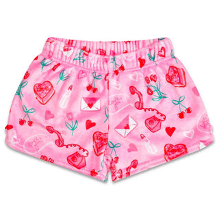 Iscream Love Doodles Plush Shorts
Pink shorts with heart, cherry, and phone pattern on a white background