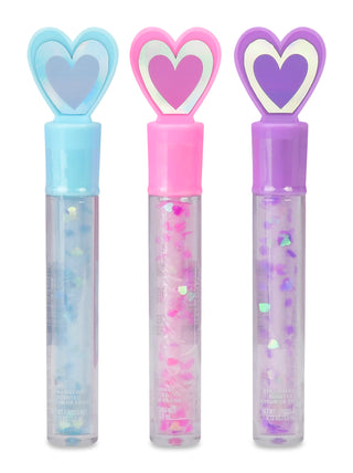 Iscream Love Lip Gloss 
Three lip gloss tubes with heart-shaped tops in blue, pink, and purple on a white background.