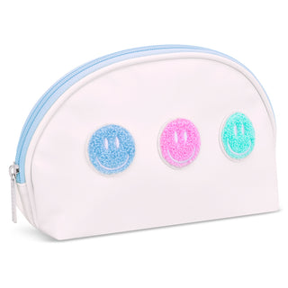 Iscream Made You Smile Oval Cosmetic Bag
White cosmetic bag with blue, pink, and green smiley face stickers on a white background