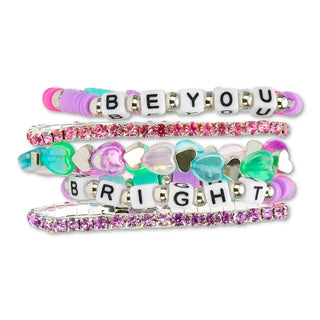 Iscream Make It Sparkle Bracelet Set
Colorful hair accessories with letter tiles spelling 'BE YOU' and 'BRIGHT' on a white background.