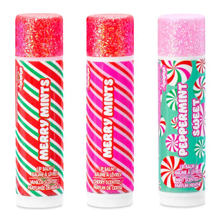 Iscream Merry Mints Lip Balm Set
Three lip balm tubes with colorful designs and text on a white background
