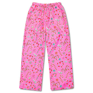 Iscream Merry Mints Plush Pants
Pink pajama pants with candy cane pattern on a white background